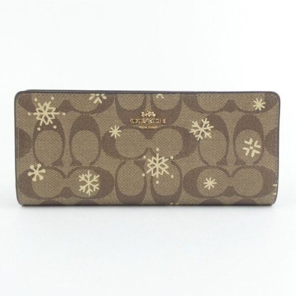 Coach Signature Khaki Gold Snowflake Slim Bifold Wallet NWT CF329 - Picture 1 of 5